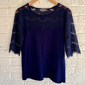 Navy Blue 3/4 Length Lace Sleeve Shirt